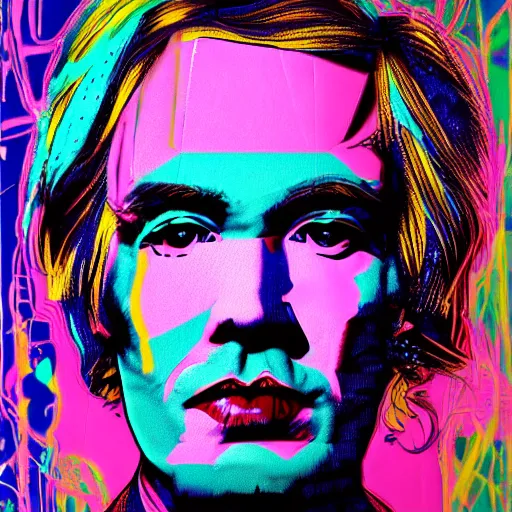 Prompt: An extremely psychedelic portrait of Andy Warhol, surreal, LSD, face, detailed, intricate, elegant, lithe, highly detailed, digital painting, artstation, concept art, smooth, sharp, magical, Occult, focus, illustration