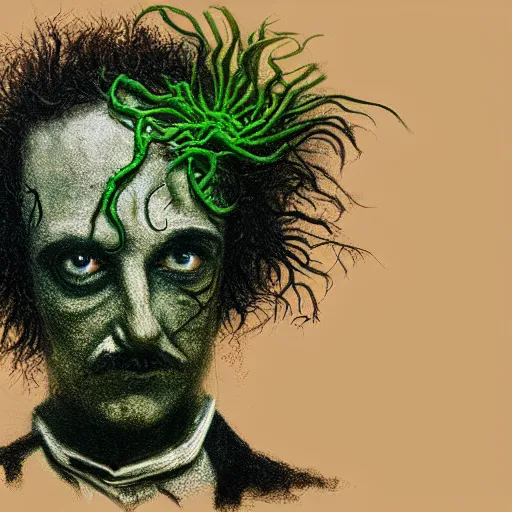 Prompt: award - winning painting of a edgar alan poe, infested with pitch green, grass - like, shadow roots with lots of tendrils on the skin, blue veins, intricate detail, deep red roots, infestation, shadowy, lovecraftian, beksinksi, chiaroscuro, close - up portrait shot