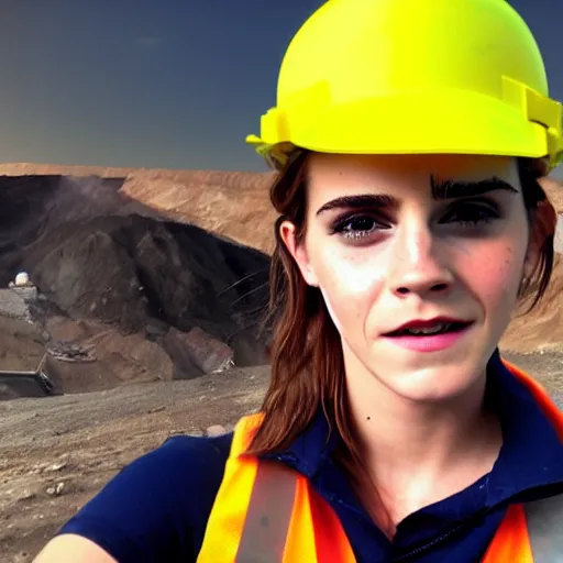 Image similar to photo, close up, emma watson in a hi vis vest, in dusty open pit mine, android cameraphone, lens flare, 2 6 mm,