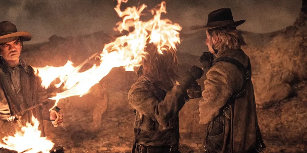 Image similar to extreme wide of rugged bandit cialien murphy ( ( alone ) ) in the old west, handcuffed by shackles at a campfire and thomas brodie - sangster ( ( alone ) ), violently fist fighting, volumetric lighting, cinematic, dark, grim, unforgiven