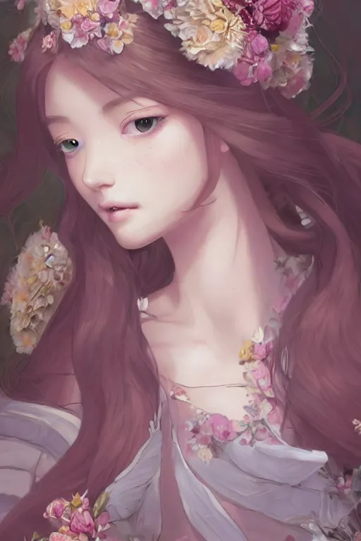 Image similar to romantic and fashion and love princess of the flower with sheath dress, 8 k realistic, teenager girl, baroque, symmetrical, flowing hair, smile, trending pinterest and pixiv, muted colors, hyperrealistic, l close up shot, character concept art, face by kyoung hwan kim, alexandra fomina, ilya kuvshinov