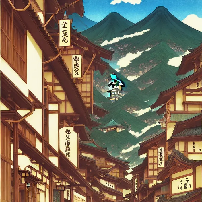 Prompt: japanese mountain town, summer, in the style of studio ghibli, j. c. leyendecker, greg rutkowski, artem