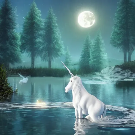 Prompt: a white unicorn drinking from a lake. the moon shines in the background forest on the unicorn. beautiful artstation, 4 k, hdr.