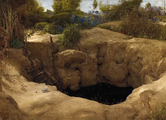 Image similar to looking into rocking hole in the ground. 2 0'down a tranquil pond and a sandy beach are visible. edgar maxence and caravaggio and michael whelan and delacroix style, artistic, intricate painting, cinematic lighting, hyper realistic, extremely detailed, vivid colors, establishing shot, dramatic lighting