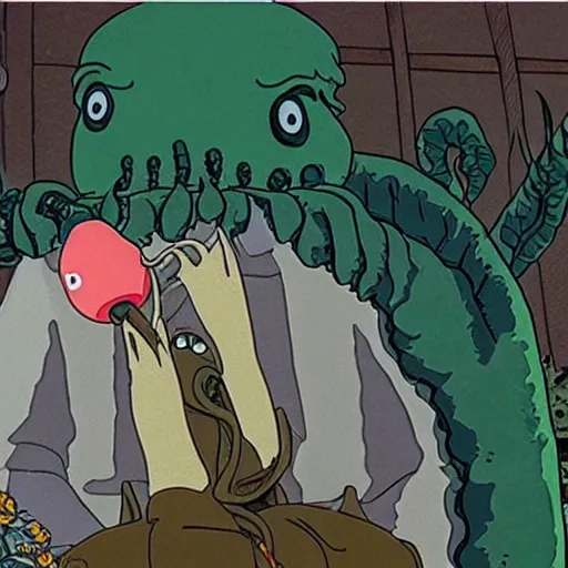 Prompt: screenshot from Miyazaki's my neighbor cthulhu, by ghibli animation