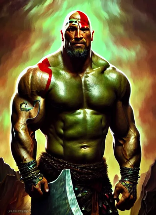 Image similar to ! dream portrait of aggressive dwayne johnson as kratos, d & d, muscular! green, fantasy, intricate, elegant, highly detailed, digital painting, artstation, concept art, smooth, sharp focus, illustration, art by artgerm and greg rutkowski and alphonse mucha