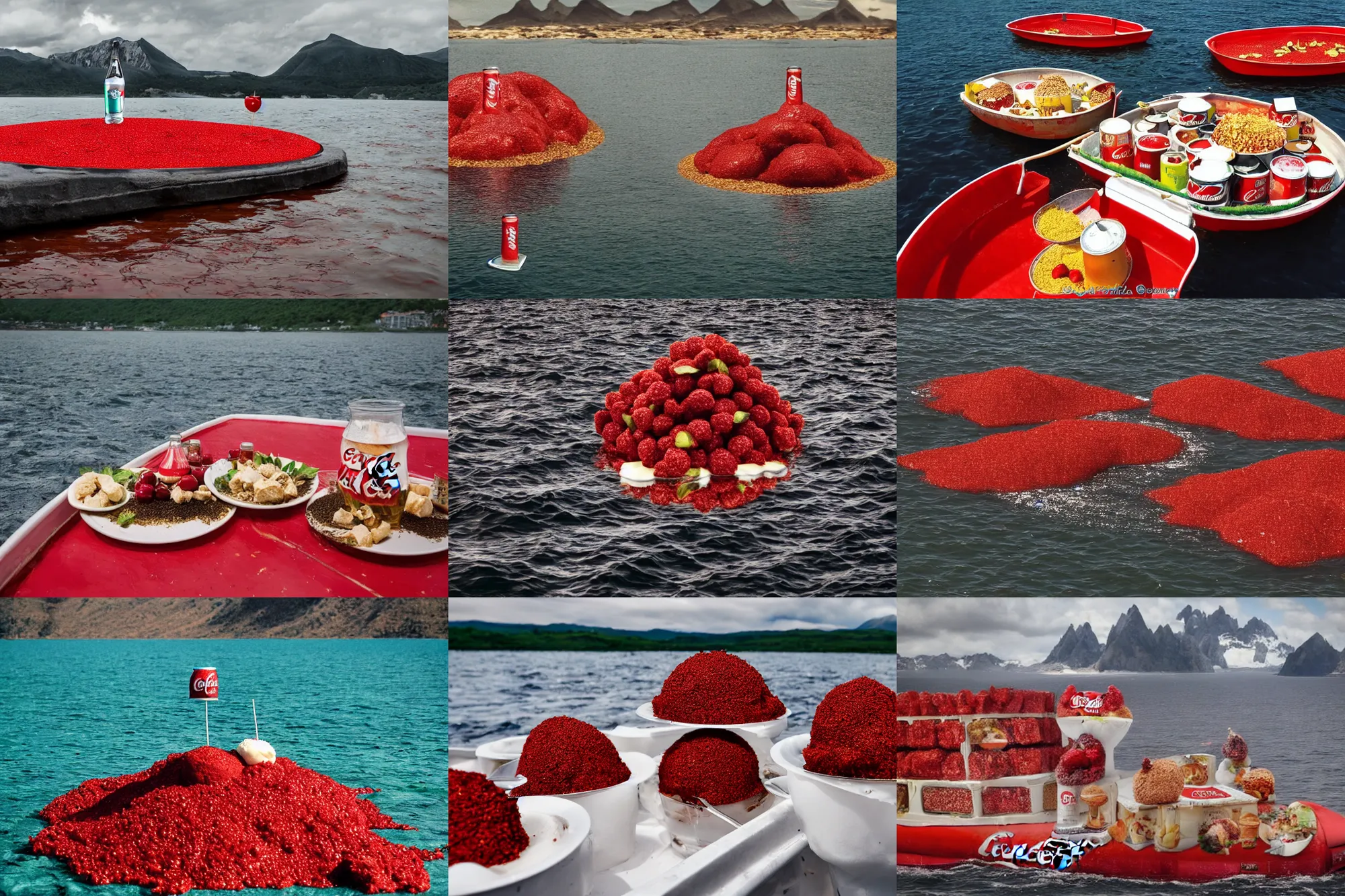 Image similar to an island made of food, around the island instead of water coca - cola ( dark brown ), instead of sand red caviar, instead of mountains ice cream with cherries, photo taken from a boat, 3 5 mm, cinematic