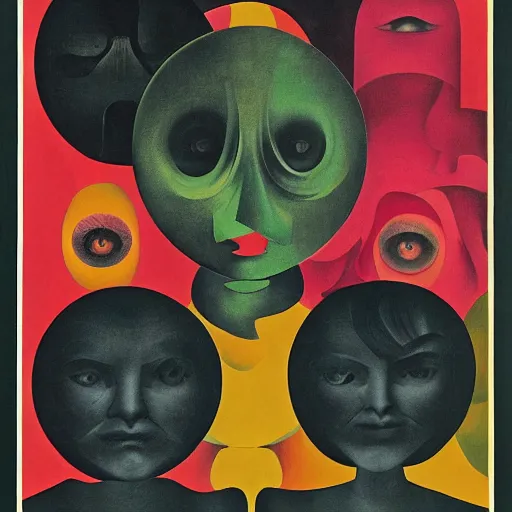 Prompt: the eyeless see all, soviet-style propaganda poster, by Hannah Hoch, by M.C. Escher, by Vladimir very detailed and colorful, beautiful, eerie, surreal, psychedelic