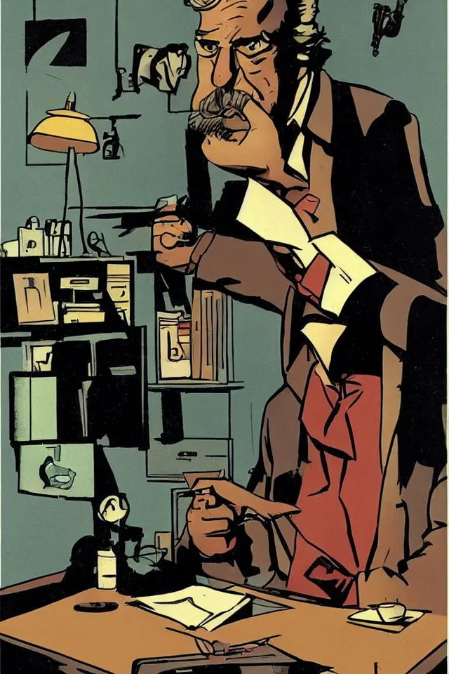 Prompt: color poster of Philip Marlowe at his desk by Mike Mignola and Darwyn Cooke