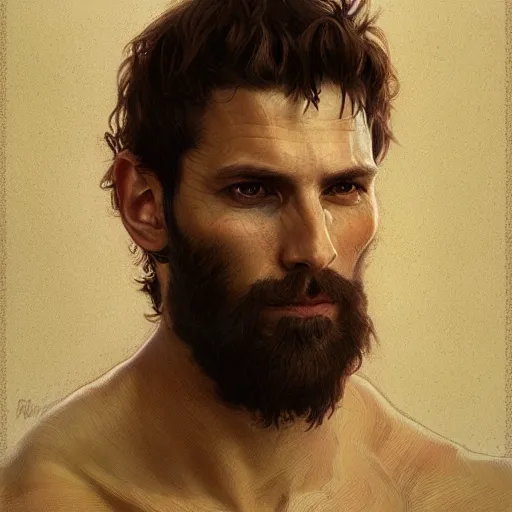 Image similar to portrait of the god of the meadow, 30 years old, rugged, male, gorgeous, detailed face, amazing, hairy torso, muscular, intricate, highly detailed, digital painting, artstation, concept art, sharp focus, illustration, art by greg rutkowski and alphonse mucha