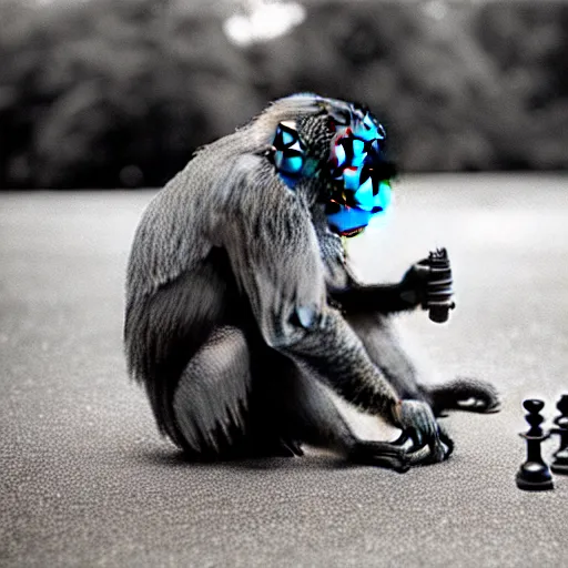 Prompt: portrait photo of a monkey playing chess in a park by annie liebovitz,