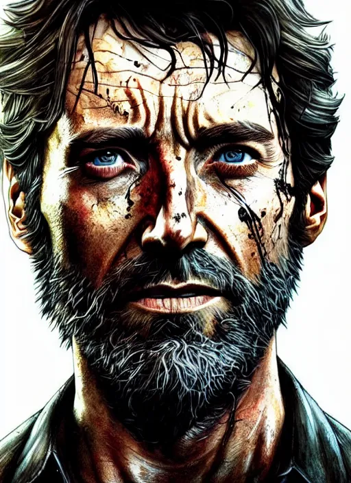 Image similar to portrait of hugh jackman as joel from the last of us, character concept art, hyperrealistic, detailed, accurate illustration, dramatic lighting