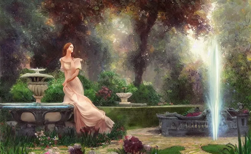 Image similar to The kneeling statue of a woman in a beautiful garden, next to a fountain and a mystical palace, and all this in a foggy and mysterious atmosphere. Fantasy and concept art by Konstantin Razumov.