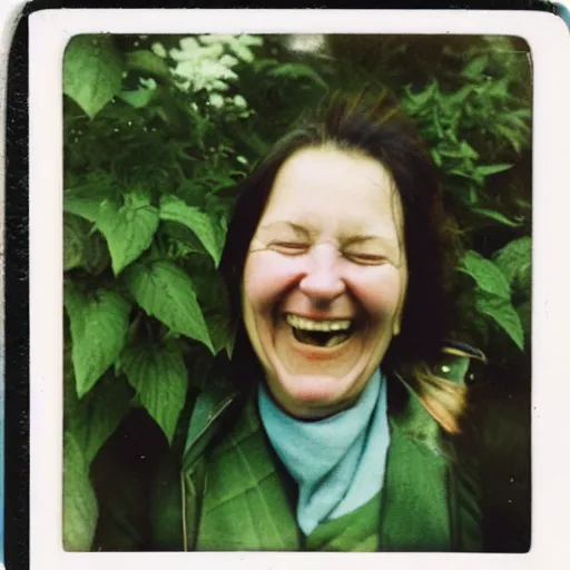 Image similar to a polaroid of a laughing woman with her hand covering her right eye taken in front of a herbaceous border
