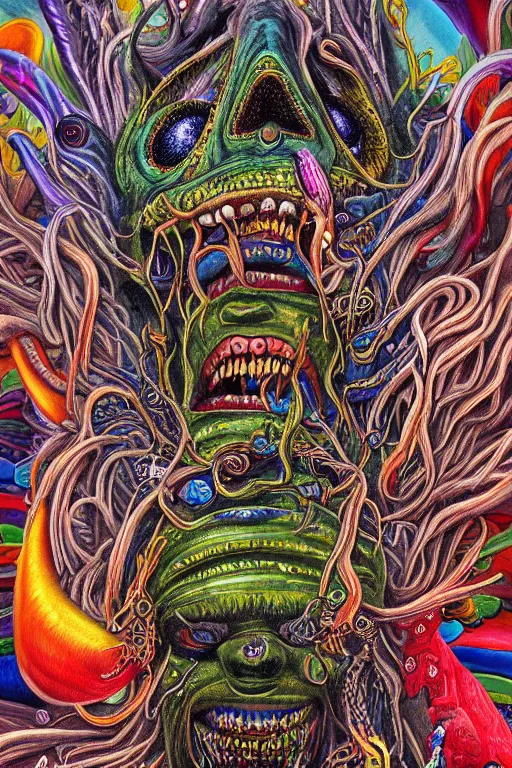 Image similar to a high detailed hyper detailed painting of a spiritual monster with dreadlocks and several eyes, pointy teeth and colorful skin with scales and strange textures, surreal psychedelic cosmic horror