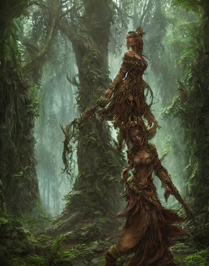 Image similar to a woman tree druid with fern clothing, fully clothed, two arms, standing in front of a sprawling forest temple, D&D, fantasy, intricate, cinematic lighting, highly detailed, digital painting, artstation, concept art, smooth, sharp focus, illustration, art by Justin Gerard