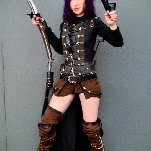 Prompt: full body photo of a skinny female steampunk rogue warrior
