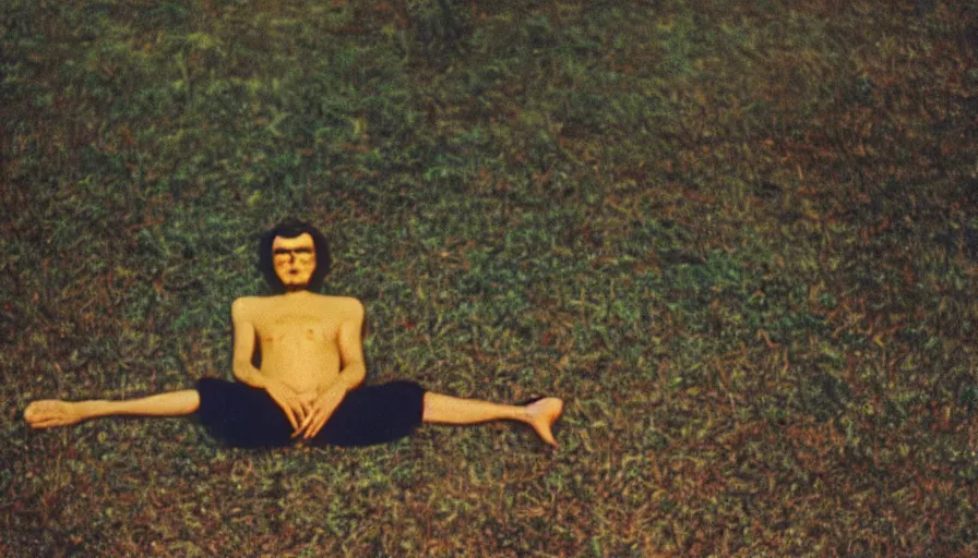Image similar to 7 0 s film still from a horror movie featuring a person with no skin meditating, kodachrome, cinecolor, cinestill, photorealism, cinematic, film grain, film texture, vhs recording