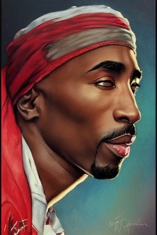 Prompt: Tupac, illustrated in whimsical style, Illustration by Norman Rockwell, artgerm, loish, oil painting,