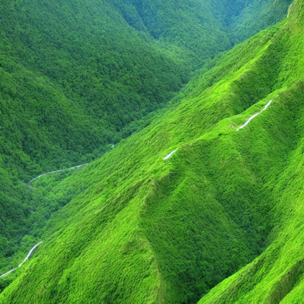 Prompt: Intersection of a valley and a cliff seen from afar at medium height, lush green land, inhabited by wild robots