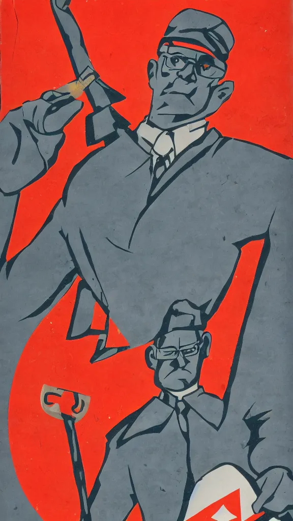 Prompt: Hank Hill holding a hammer and sickle, highly detailed Soviet propaganda poster, by Mikhail Balhjasnij