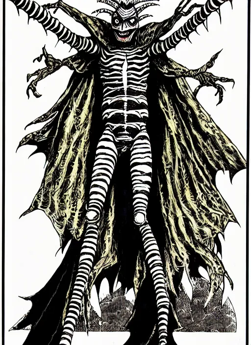 Prompt: michael keaton as beetlejuice, as a d & d monster, full body, pen - and - ink illustration, etching, by russ nicholson, david a trampier, larry elmore, 1 9 8 1, hq scan, intricate details, inside stylized border