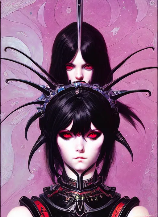 Image similar to portrait of beautiful cute goth girl in warhammer armor, art by kuvshinov ilya and wayne barlowe and gustav klimt