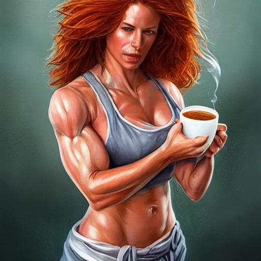 Image similar to an waitress with short sleeves holding coffee, muscular, sweaty skin, goddess, flowing red hair, wet, perfectly-centered-Portrait of a most beautiful woman it the world, intricate, highly detailed, digital painting, artstation, concept art, smooth, sharp focus, illustration, Unreal Engine 5, 8K, art by artgerm and greg rutkowski and alphonse mucha