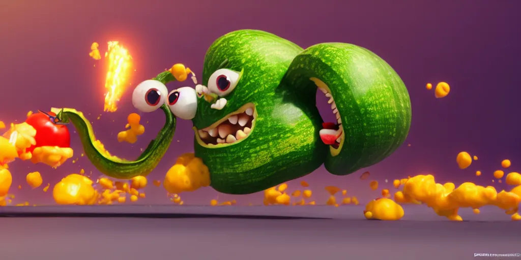 Image similar to detailed 3 d render of a raging zucchini!! character chasing!! down a desperate tomato!, high speed action, explosions, dramatic scene, hyper realistic octane render, cinematic lighting, deviantart, black sky, lowbrow, frame from pixar movie