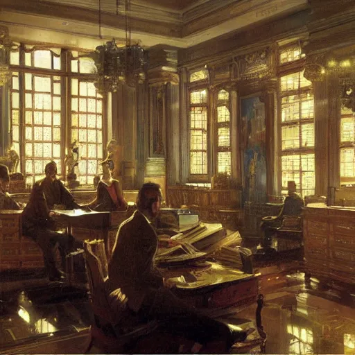 Image similar to detailed cinematic wide shot of sucession interior design corporate office spring light, painting by gaston bussiere, craig mullins, j. c. leyendecker