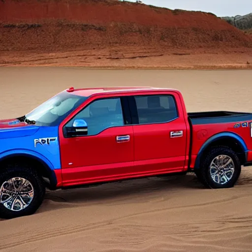 Prompt: Ford F150 Hydro Blue 2022 Truck on a Red Sand Beach at sunset