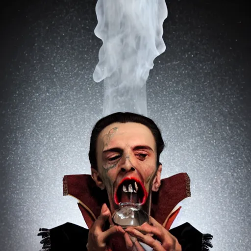 Image similar to dracula exhaling a large hit from his skull shaped crystal bong, award winning professional marijuana photography