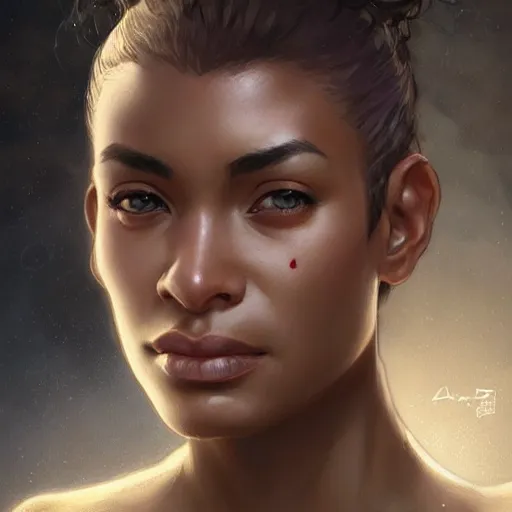 Image similar to beautiful, strong, mixed race, female, aged 4 0, face, head shot, fantasy, highly detailed, digital painting, artstation, concept art, smooth, sharp focus, illustration, art by artgerm and greg rutkowski and alphonse mucha