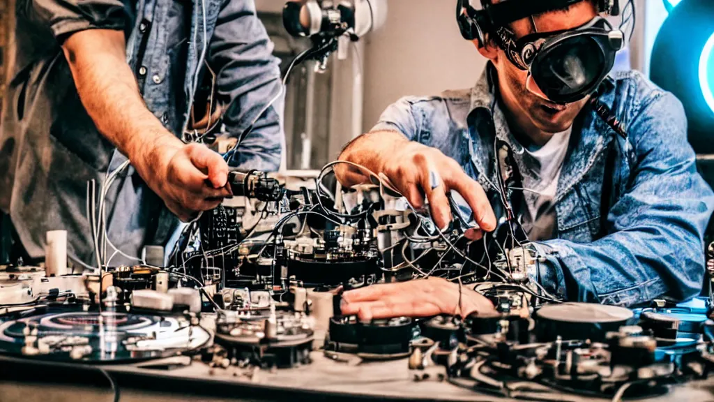Image similar to a person wearing goggles and visor and headphones using a steampunk record player contraption, wires and tubes, turntablism dj scratching, intricate planetary gears, complex, cinematic, imax, sharp focus