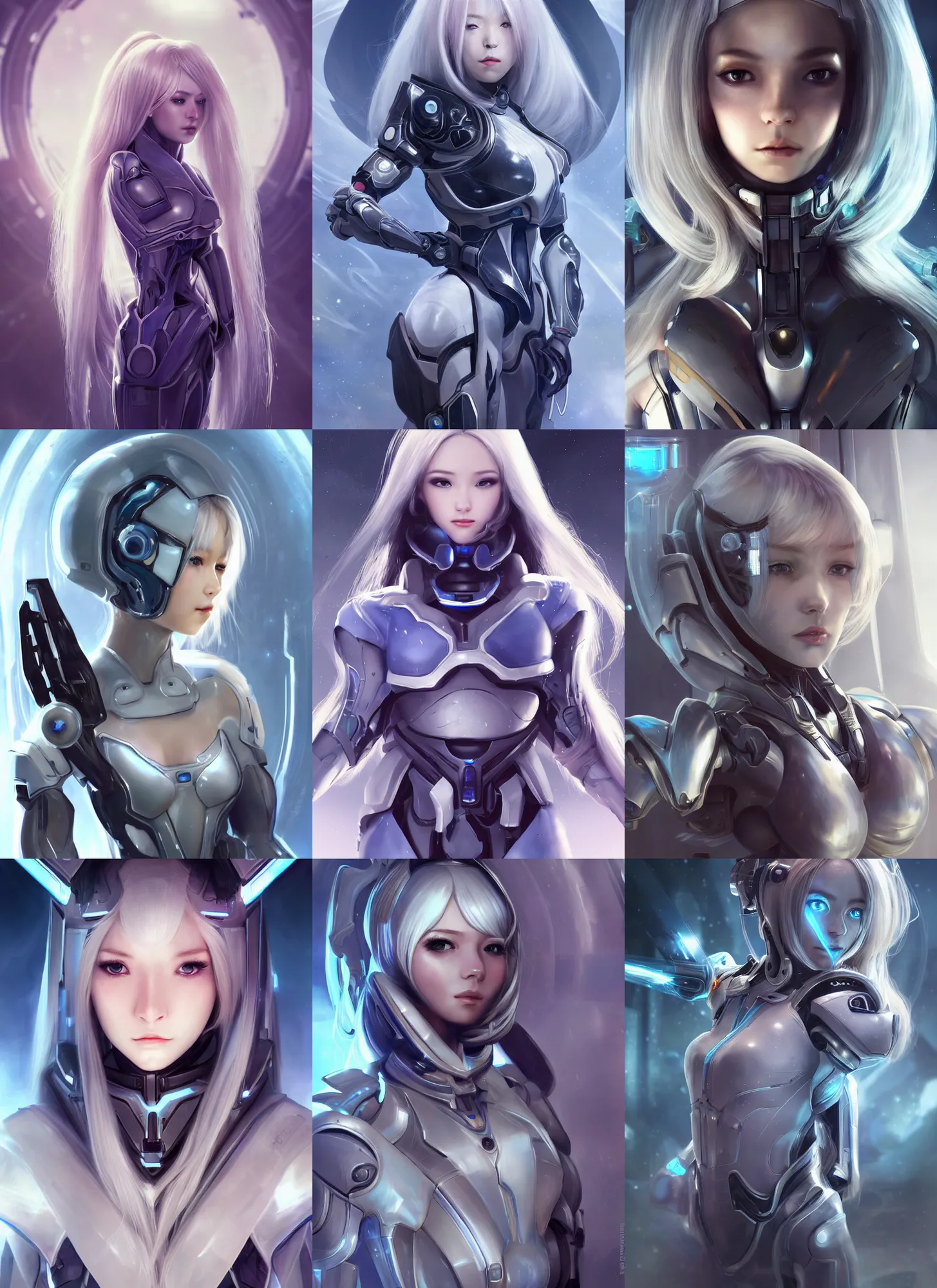 Prompt: perfect android girl, warframe armor, beautiful face, scifi, futuristic, space station, laboratory, kwak ji young, dreamy, long white hair, blue cyborg eyes, cinematic lighting, innocent, highly detailed, very cute, focused, artstation, divine, by gauthier leblanc, kazuya takahashi, huifeng huang, jama jurabaev