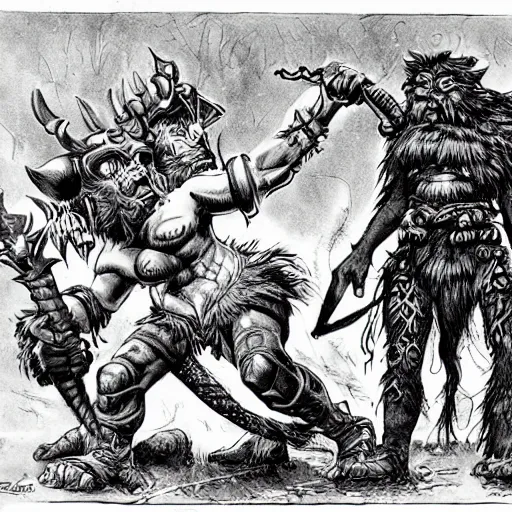 Image similar to a towering bugbear points victoriously at a cowering female human warrior, by Mike Ploog