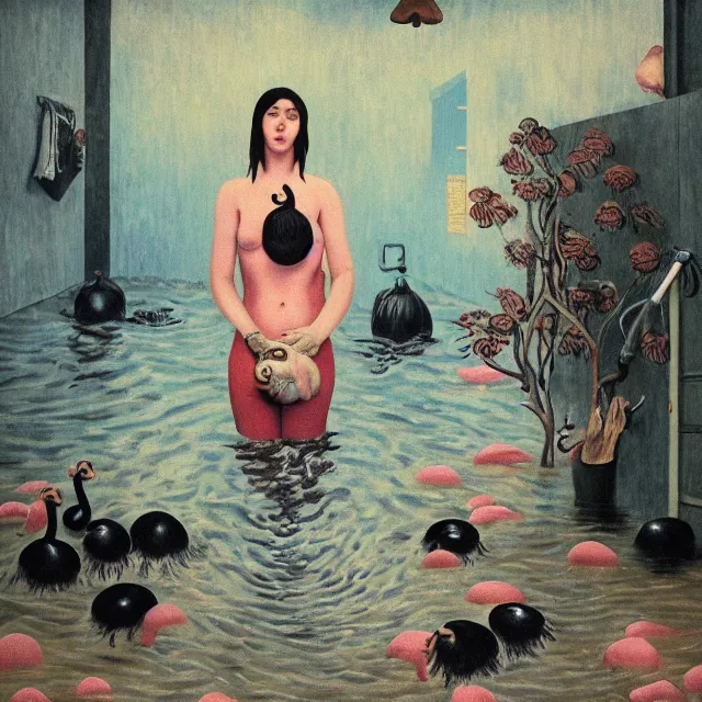 Image similar to tall female emo artist holding a pig in her flooded bathroom, mushrooms, octopus, water gushing from ceiling, painting of flood waters inside an artist's bathroom, a river flooding indoors, pomegranates, pigs, ikebana, zen, river, rapids, waterfall, black swans, canoe, berries, acrylic on canvas, surrealist, by magritte and monet