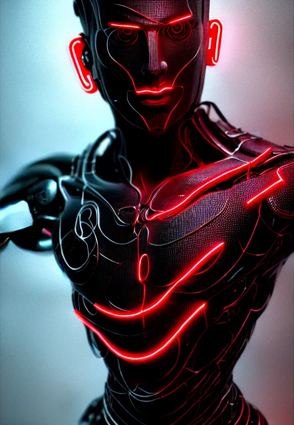 Prompt: ultra realist intricate detailed painting of a single attractive male ( ( cyborg ) ), slight neon tech, model pose, art by vitaly bulgarov and nivanh chanthara, hyperrealistic, soft lighting, octane render