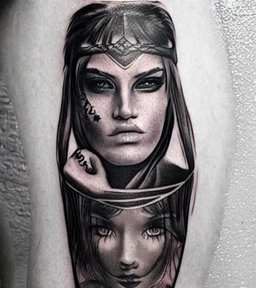 Prompt: tattoo design of a beautiful girl warrior, above the girl there is a tiger head, hyper realistic, realism tattoo, by eliot kohek, beautiful eyes, realistic face, black and white, white background