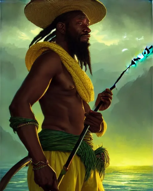 Image similar to fisherman, male, Jamaican, wide angle, yellows blacks greens reds, magical fishing rod weapon, D&D, fantasy, intricate, elegant, highly detailed, digital painting, artstation, octane render, concept art, matte, sharp focus, illustration, hearthstone, art by Artgerm and Greg Rutkowski and Alphonse Mucha