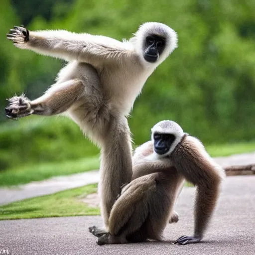 Image similar to a gibbon and a goose having a kung fu battle