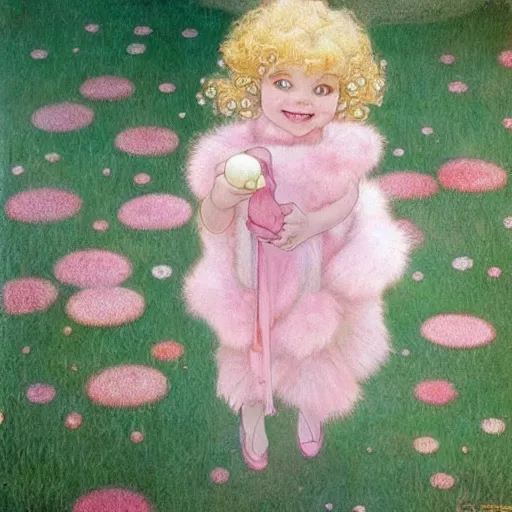 Image similar to a beautiful [[[smiling]]] little blonde toddler girl with short loosely curly hair, at the park on a beautiful day, holding a round all-pink stuffed penguin, by Artgerm, Mucha Klimt, Hiroshi Yoshida and Craig Mullins, featured on Artstation, CGSociety, Behance HD, Deviantart