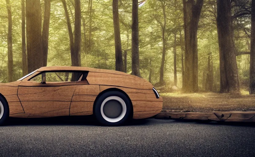 Image similar to car made of wood, luxury HD render, wooden sports car, luxury hardwood, half car half tree, intricate textures and leaves, cinematic shot, high budget advertisement, 4k