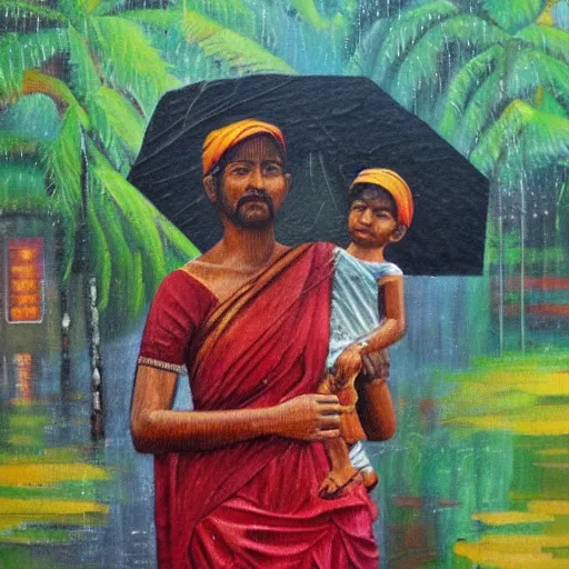 Image similar to kerala, award winning, oil painting, raining