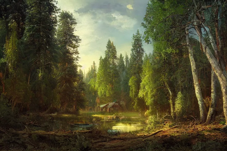 Image similar to A beautiful painting of russian village in dark forest by ivan shishkin and arkhip kuindji, trending on artstation,matte painting