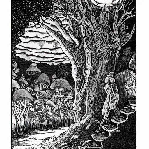 Image similar to 19th century wood-engraving , whole page illustration , art in the style of Terry Moore, a tiny village carved into the side of a tree, inhabited by elves and faeries, the outside lights are bioluminescent mushrooms and fungi intricately detailed