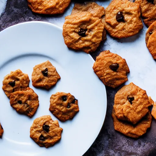 Image similar to a 5 0 mm macro shot of a plate of chocolate chip and prawn cookies