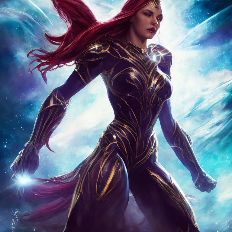 Prompt: beautiful cinematic fantasy poster, a beautiful woman in a superhero suit with a dramatic pose, beautiful glowing galaxy eyes, wideshot ultrawide angle epic scale, hybrid from The Elden Ring and art direction by Darius Zawadzki ;by artgerm; wayne reynolds art station; cinematic quality character render; low angle; ultra high quality model; production quality cinema model;