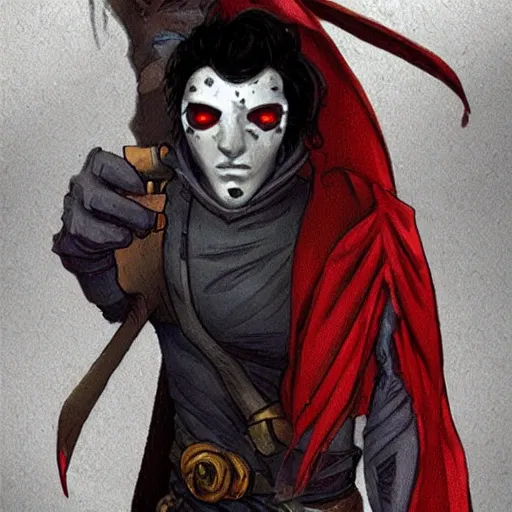 Prompt: male rogue, dungeons and dragons, red eyes, face covered, dark and mysterious.