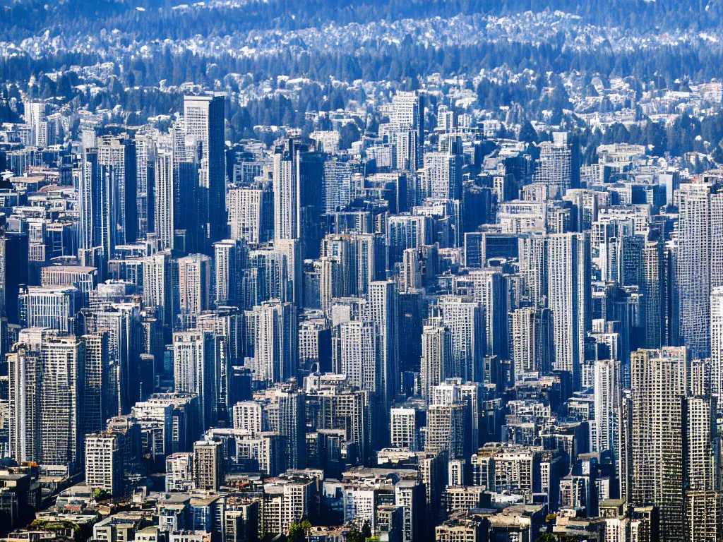 Prompt: bird's eye view photo of a metropolis highrise city with skyscrapers, redwood forest separating from industrial district